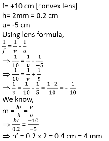 The below lens has a focal length of 10 cm. The object of height 2 mm is placed at a distance of 5 cm from the pole. Find the height of the image.