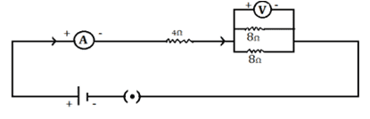Draw a circuit diagram of an electric circuit containing a cell, a key, an ammeter, a resistor of 4 Ω in series with a combination of two resistors (8 Ω each)