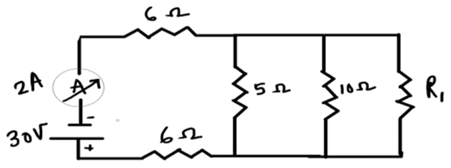 In the circuit given below, if the current reading in the ammeter A is 2 A, what would be the value of R1