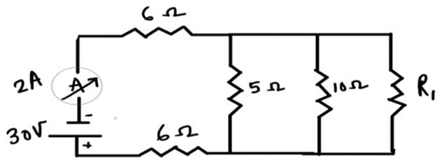 In the circuit given below, if the current reading in the ammeter A is 2 A, what would be the value of R1