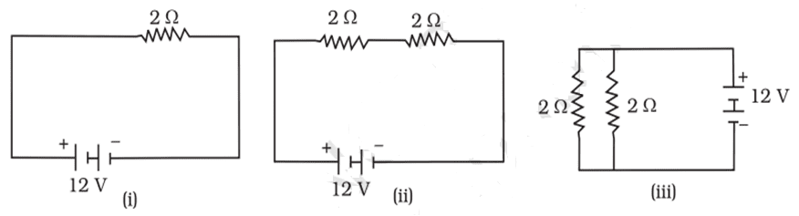 In the following given circuits, heat produced in the resistor or combination of resistors connected to a 12 V battery will be