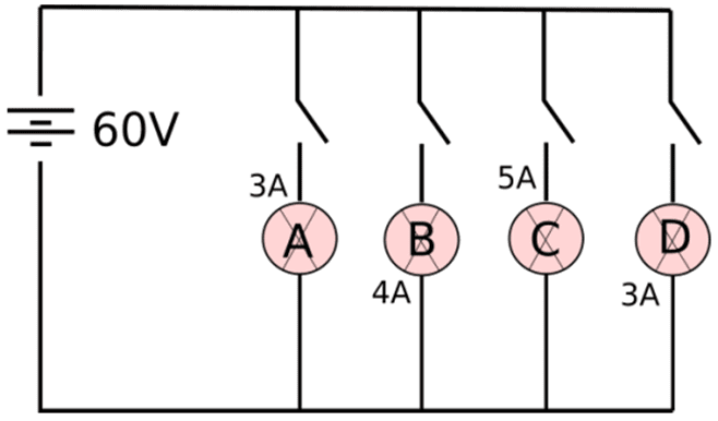 In the given circuit, A, B, C, and D are four lamps connected with a battery of 60 V