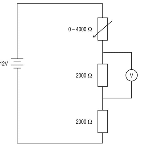 The circuit below consists of a variable resistor connected in series with two 2000  resistors. The variable resistor can be adjusted to any value between 0-4000 