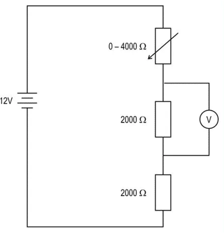 The circuit below consists of a variable resistor connected in series with two 2000  resistors. The variable resistor can be adjusted to any value between 0-4000 