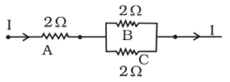 Three 2 Ω resistors, A, B, and C are connected as shown below. Each of them dissipates and can stand a maximum power of 18 W without melting