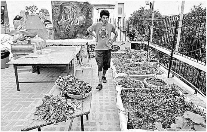 Look at this picture of Maahir, who practices organic farming from his rooftop