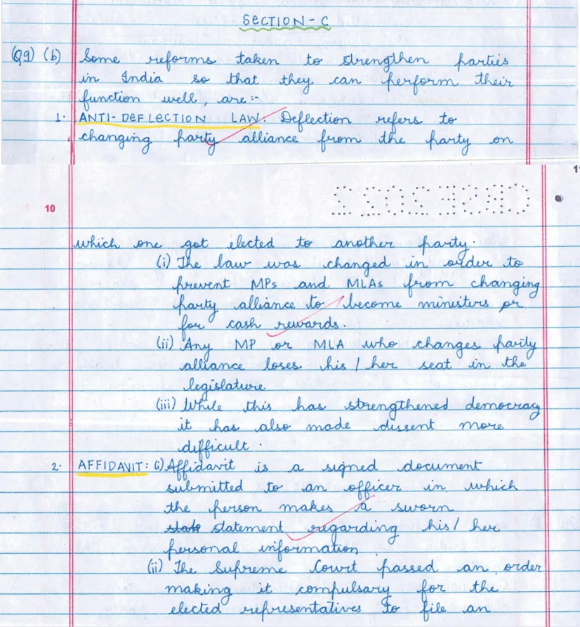 There are various reforms taken to strengthen parties in India so that they perform their function well Explain the statement with examples1
