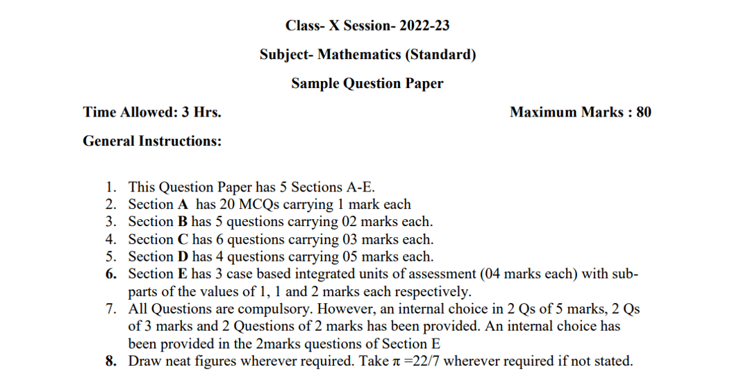 cbse class 10 maths sample paper