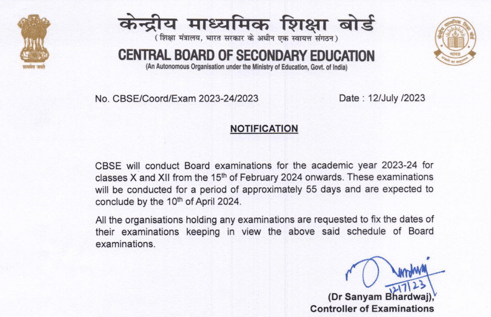 cbse class 10 and 12 board exam schedule 2023-24