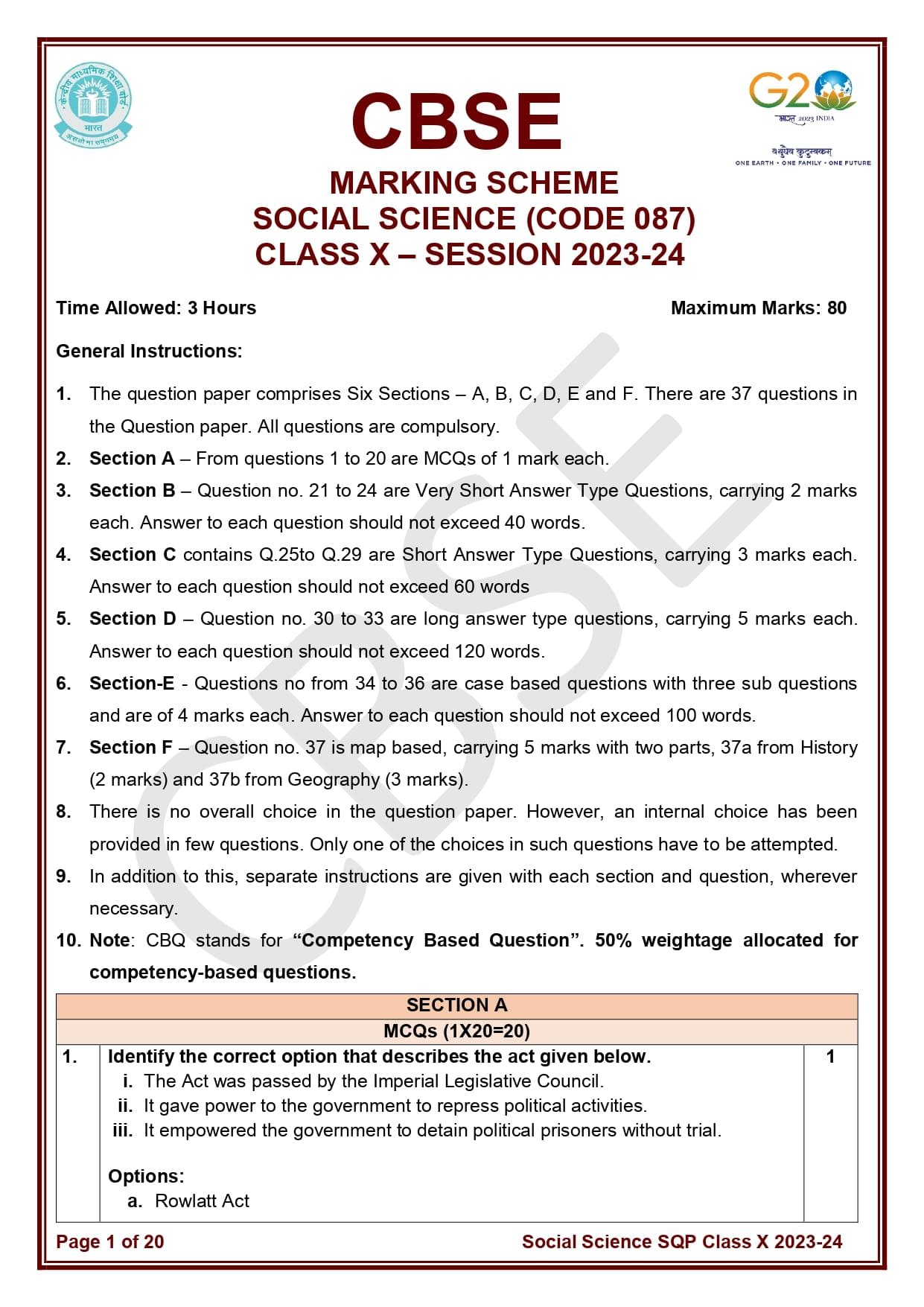 social science class 10 sample paper 2023 24 state board