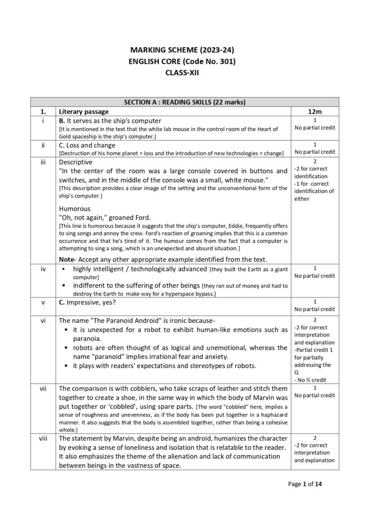 CBSE Class 12 English Sample Paper 2023-24 Solution 1