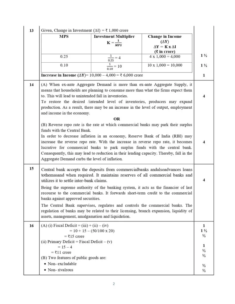 class 12 economics sample paper solution 2023-24 2