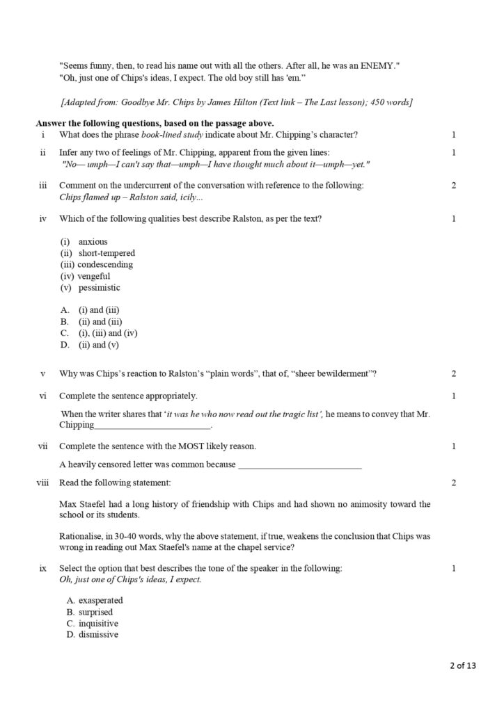 Class 12 English Additional Sample Question Paper 2023-24 2