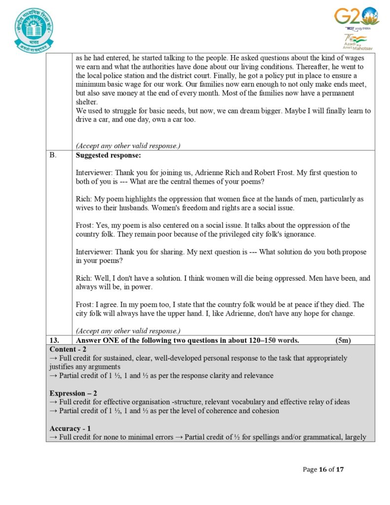 Class 12 English Additional Sample Question Paper Solutions 2023-24 16