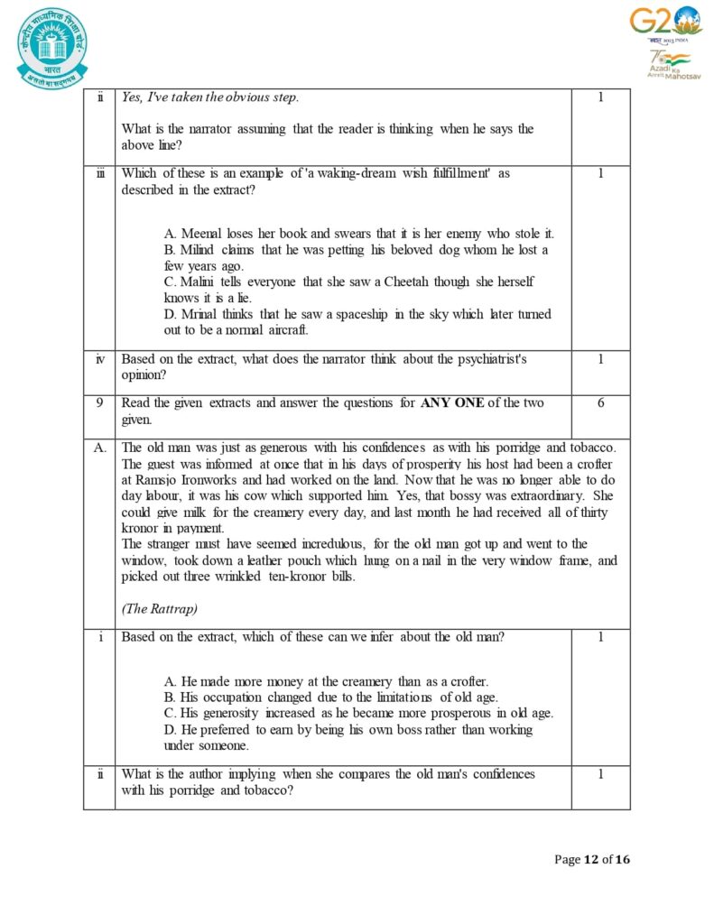 Class 12 English Additional Sample Question Paper 2023-24 12