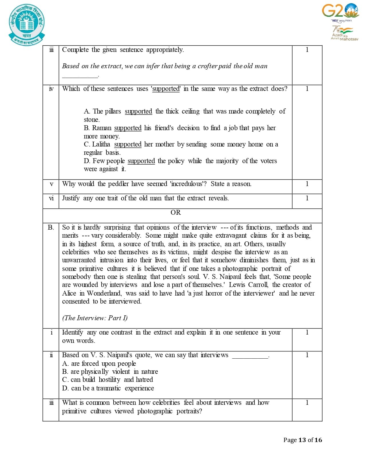 CLASS 12 ENGLISH FINAL EXAM QUESTION PAPER 2023 SOLUTIONS visual data 8