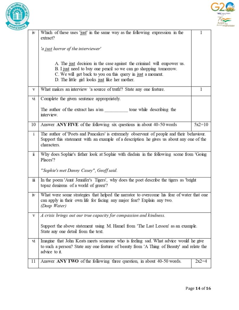 Class 12 English Additional Sample Question Paper 2023-24 14