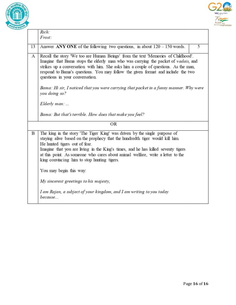 Class 12 English Additional Sample Question Paper 2023-24 16