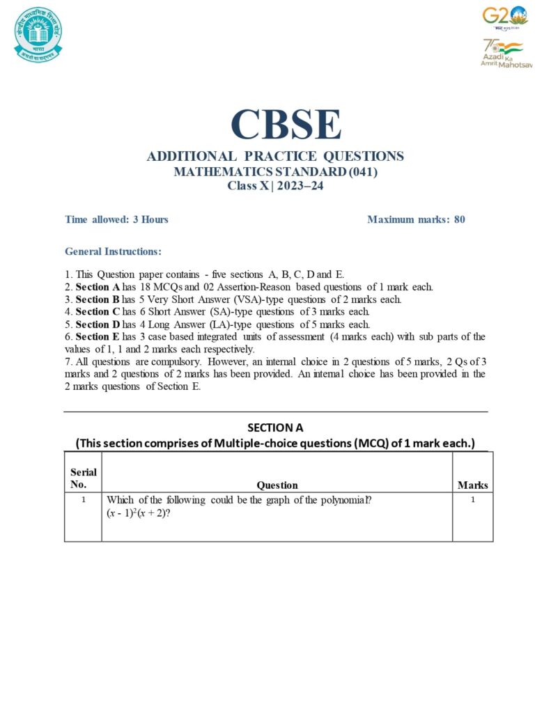 Class 10 Mathematics Additional Sample Question Paper 2023-24 1
