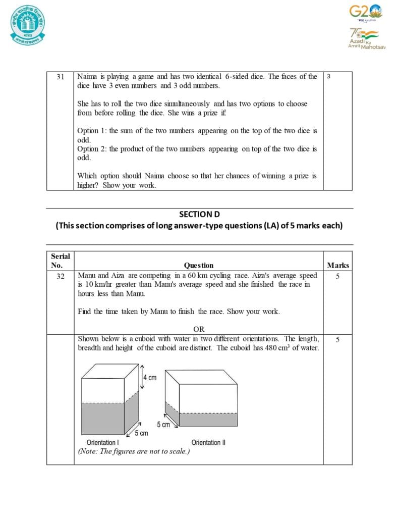 Class 10 Mathematics Additional Sample Question Paper 2023-24 20