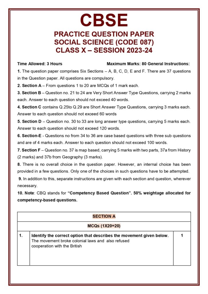 Class 10 Social Science Additional Sample Question Paper 2023-24 1