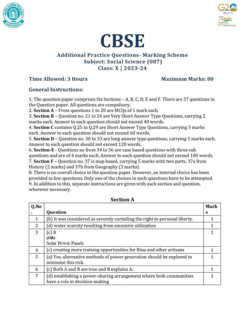 Class 10 Social Science Sample Question Paper Solution 2023-24 1